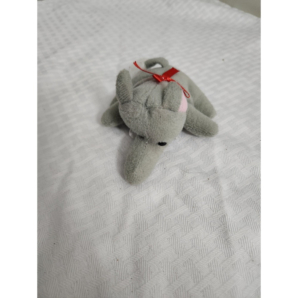 Small Grey Plush Elephant Toy with Red Ribbon Bow and White Tipped Tail 4 Inch
